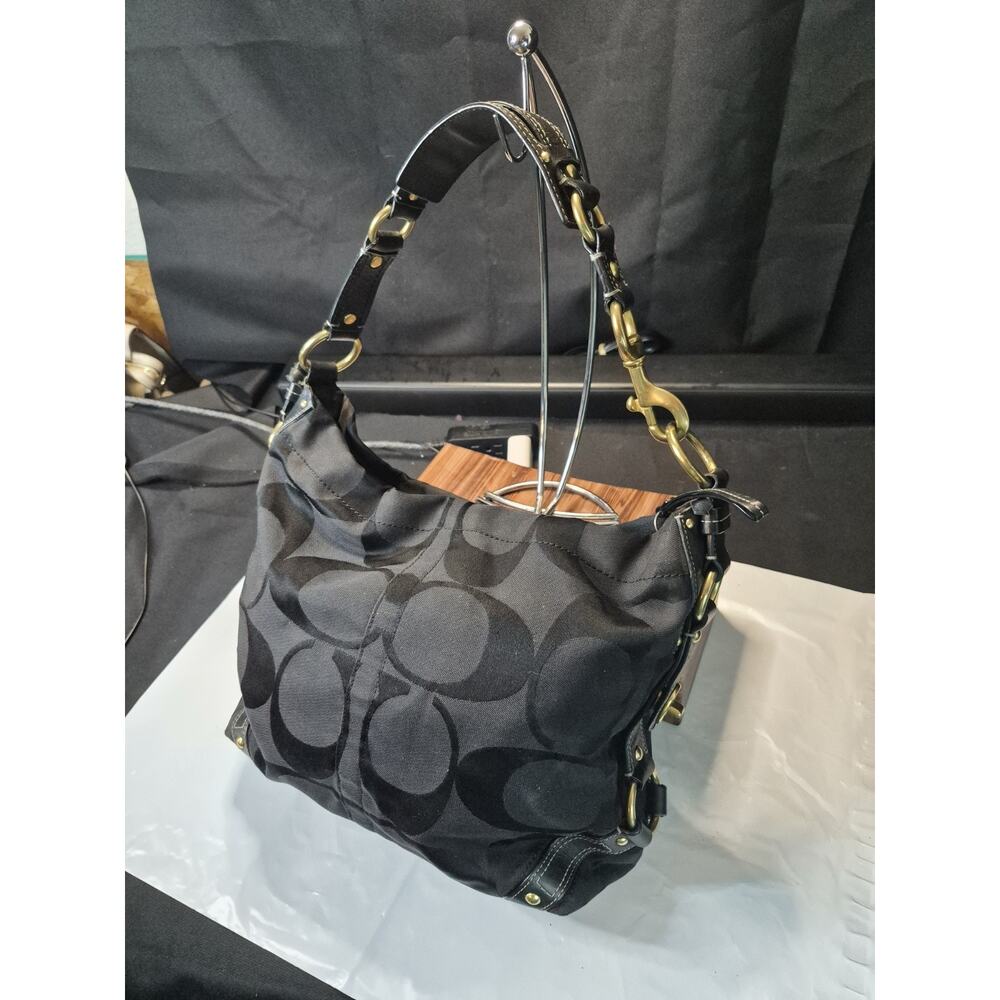 Coach Carly Hobo Purse 10620 BLACK Signature Canvas Gold Leather Bag Rare - Picture 4 of 14